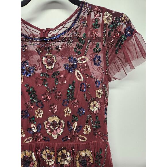 Gianni Bini Women's Wendy Burgundy Sequin Mesh Embroidered Floral Dress, Size 0 - Picture 5 of 14